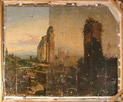 Friedrich Nerly, Campagnalandschaft mit Aqua Claudia, 1836, Kunsthalle Bremen – Der Kunstverein in Bremen, Notgesicherte Leinwand vor der Restaurierung durch Börries Brakebusch, Foto: Kunsthalle Bremen