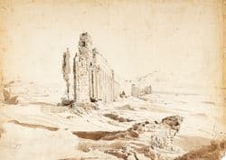 Friedrich Nerly, Aquädukt des Claudius mit Blick auf den Monte Cavo, um 1833, Bleistift, Pinsel in Braun, 39,6 x 55,8 cm, Angermuseum Erfurt, Foto: Stadtverwaltung Erfurt, Dirk Urban