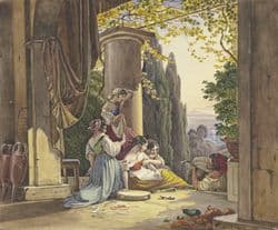 Friedrich Nerly, Italienische Terrasse mit Mädchen und Lautenspieler (Haarflechten in Mola di Gaeta), 1838, Aquarell, Gouache, Bleistift, 19,3 x 23,3 cm, Städel Museum, Frankfurt am Main