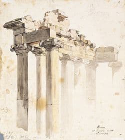 Friedrich Nerly, Der Saturntempel auf dem Forum Romanum, 1829/30, Aquarell, Feder, Pinsel in Braun, Bleistift, 28,9 x 25,8 cm, Angermuseum Erfurt, Foto: Stadtverwaltung Erfurt, Dirk Urban