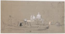Friedrich Nerly, Venezianische Gondel vor Santa Maria della Salute, um 1860, Bleistift, Feder in Schwarz und Weißhöhung auf grauem Papier, Kunsthalle Bremen – Der Kunstverein in Bremen