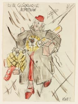 Gustava Tölken, Die glückliche Erbin, um 1955, Schwarze Kreide und Bleistift, aquarelliert, Kunsthalle Bremen – Der Kunstverein in Bremen