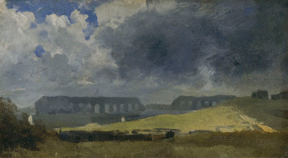 Gemälde in Grün- und Blautönen mit grünen Hügeln im Vordergrund, einem unscharfen Aquädukt im Hintergrund und wolkenreichem Himmel.