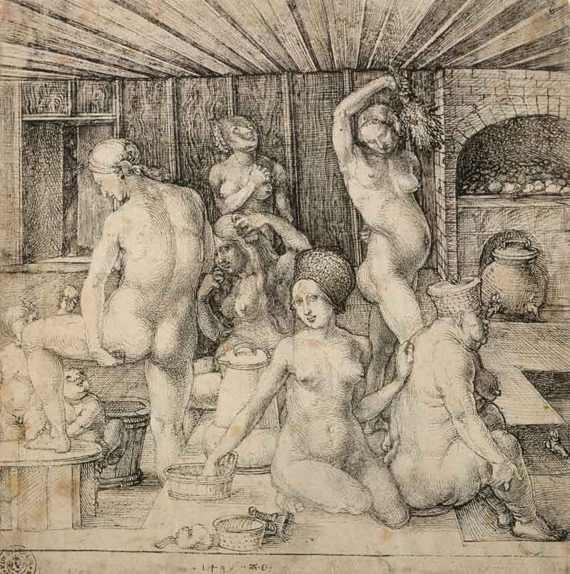 Schwarz-weiße, historische Federzeichnung mit unbekleideten Frauen in unterschiedlichen Posen