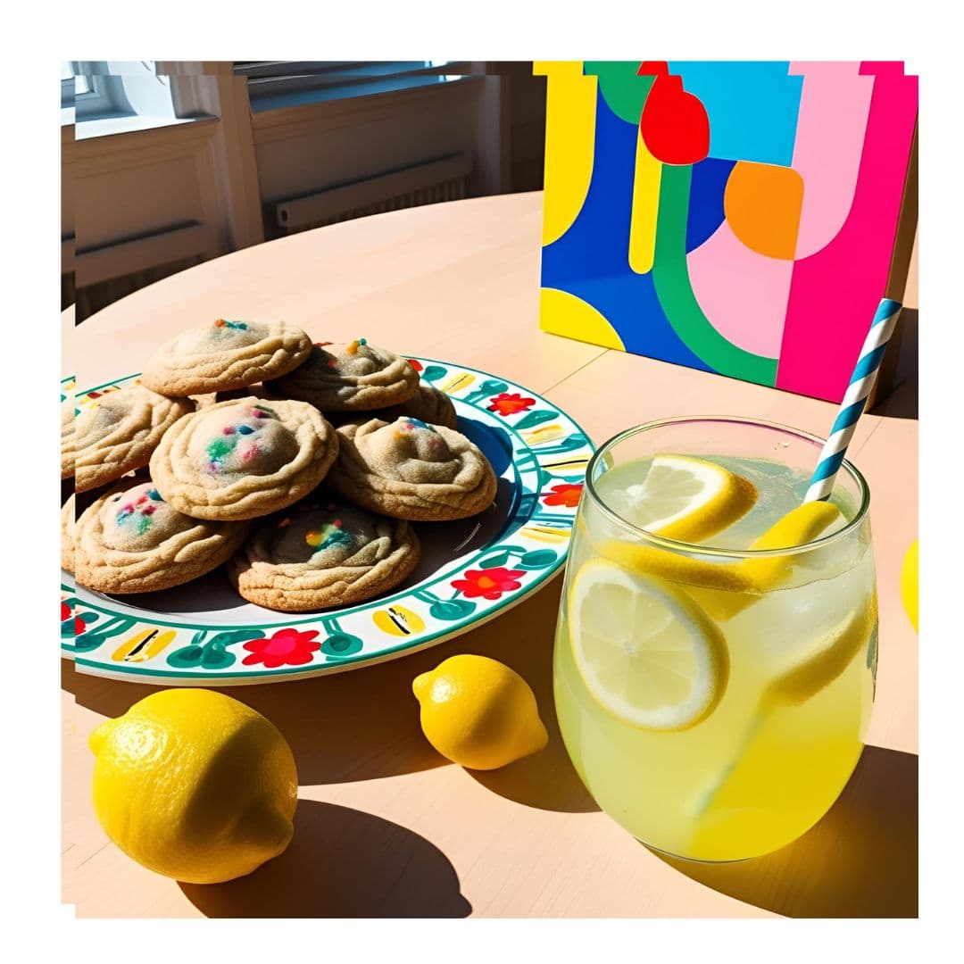 Kekse auf einem Teller, ein Glas Zitronenlimonade mit Strohhalm und im Hintergrund ein buntes Bild.
