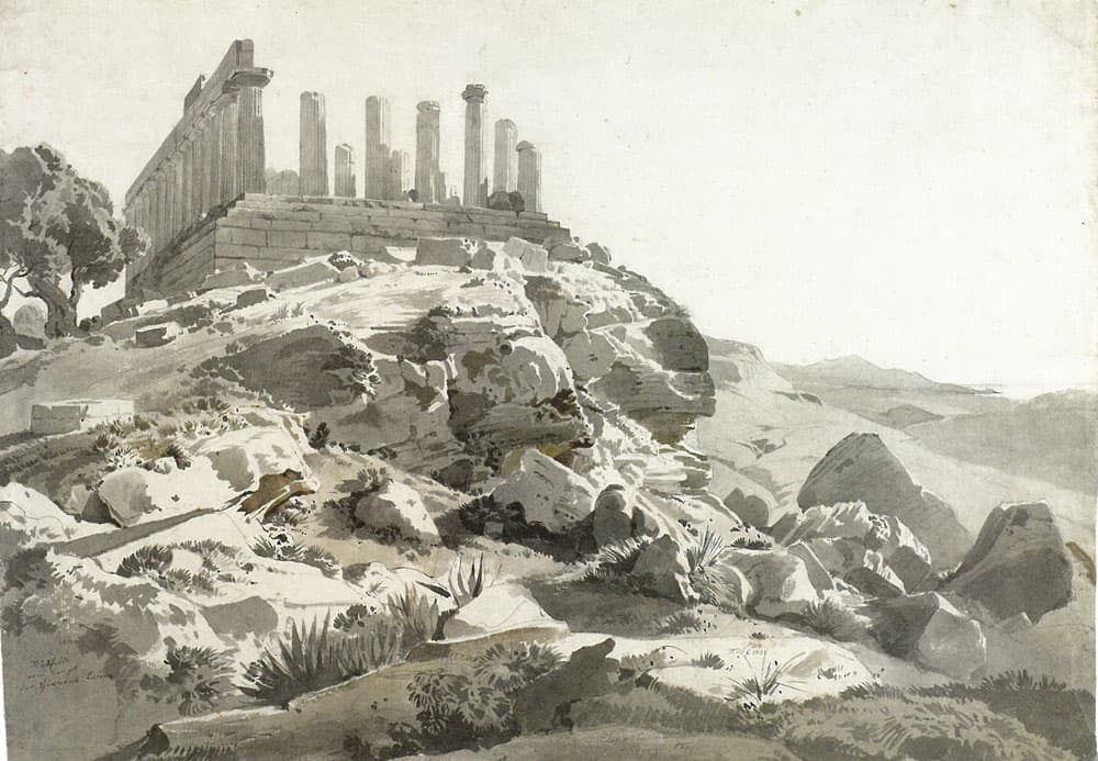Zeichnung einer Berglandschaft, im Hintergrund römische Tempelruinen