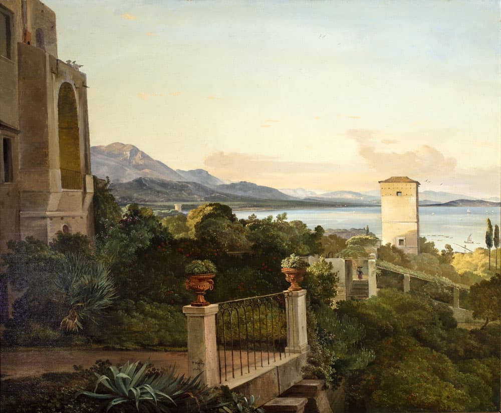 Gemälde des Blicks von einer Terrasse auf eine grüne Landschaft, im Hintergrund ein Turm, Berge und Meer