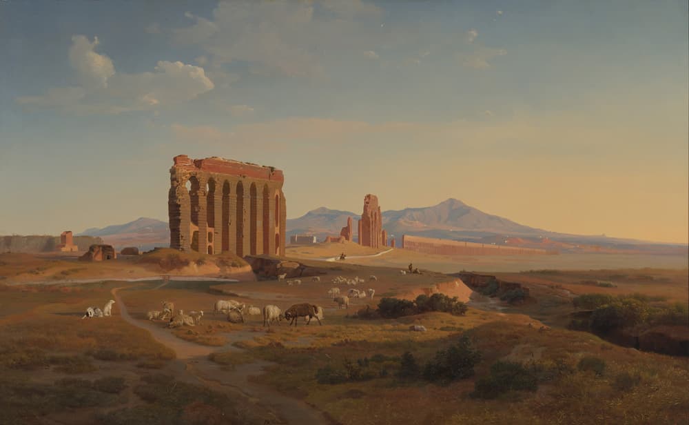 Gemälde einer flachen Landschaft mit Weidetieren, im Hintergrund römische Ruinen und Hügel