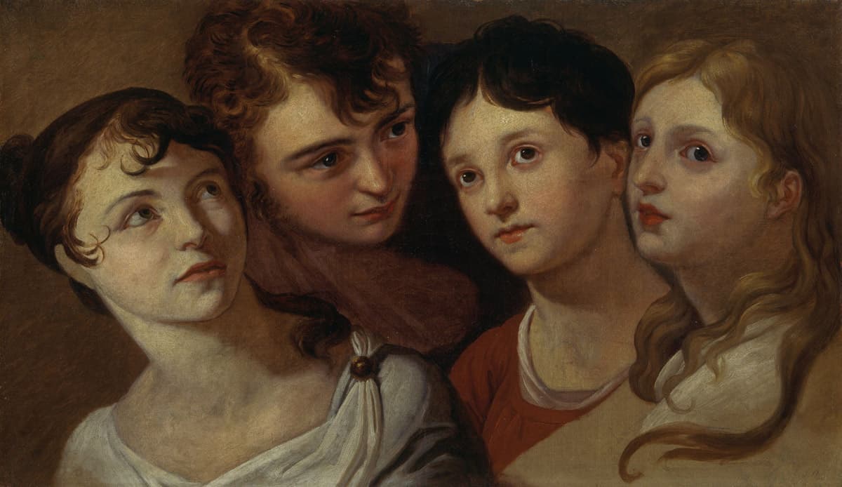 Gemälde in Braun- und Rottönen mit Köpfen von drei jugendlichen Mädchen und einem Jungen