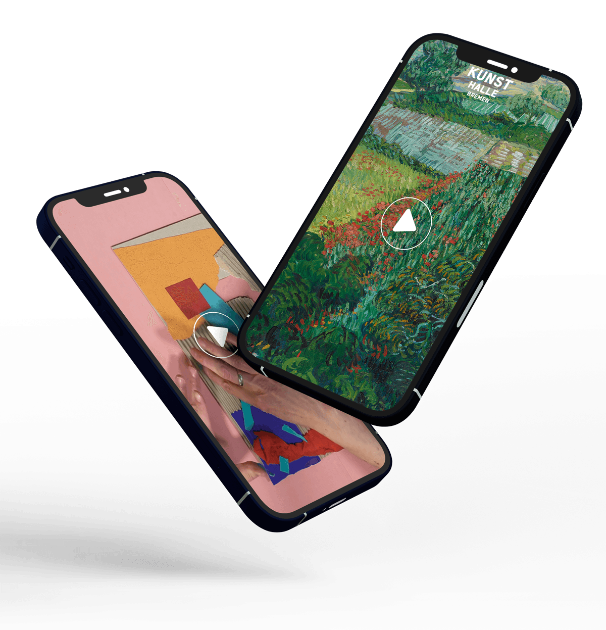 Zwei Smartphones zeigen Ausschnitte des Multimediaguides Art Surfer.